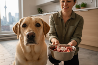A photorealistic image of a Labrador Retriever enjoying a raw food meal in a modern Toronto kitchen with warm natural lighting and a caring pet owner nearby.