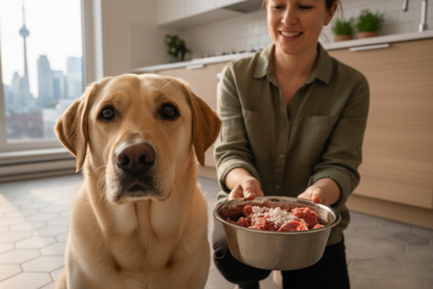 A photorealistic image of a Labrador Retriever enjoying a raw food meal in a modern Toronto kitchen with warm natural lighting and a caring pet owner nearby.