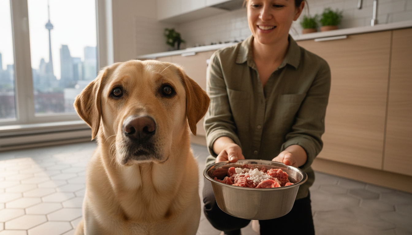 A photorealistic image of a Labrador Retriever enjoying a raw food meal in a modern Toronto kitchen with warm natural lighting and a caring pet owner nearby.