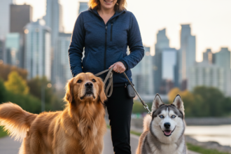 Professional dog walker holding leashes of a Golden Retriever and Siberian Husky on a vibrant downtown Toronto city walk during golden hour, showing joyful expressions and soft evening light.