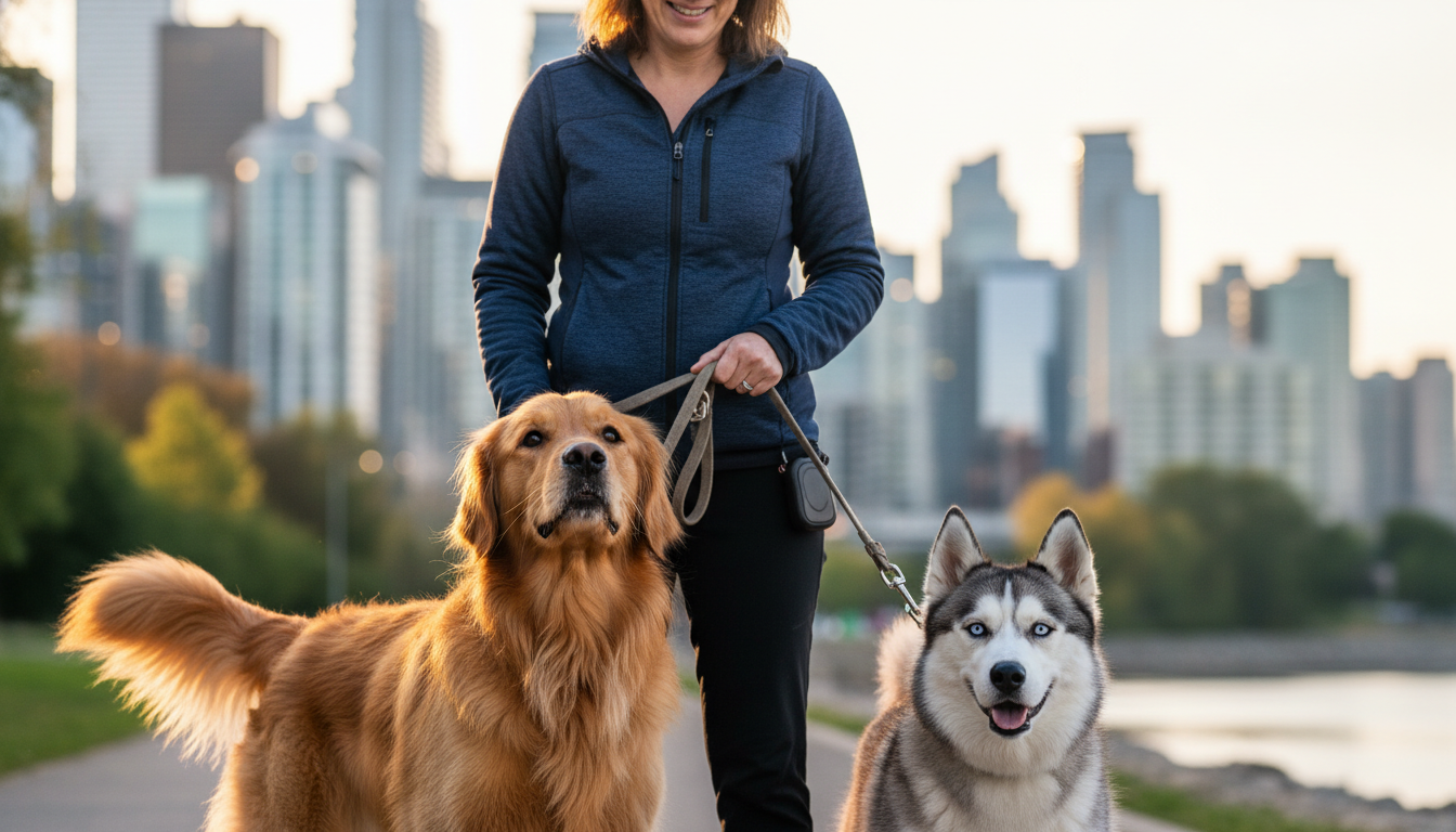Professional dog walker holding leashes of a Golden Retriever and Siberian Husky on a vibrant downtown Toronto city walk during golden hour, showing joyful expressions and soft evening light.