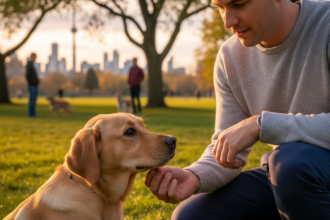 Hyper-realistic 8K photograph of a professional dog trainer and a young Labrador Retriever puppy in an urban Toronto park, with soft golden hour lighting and detailed textures.