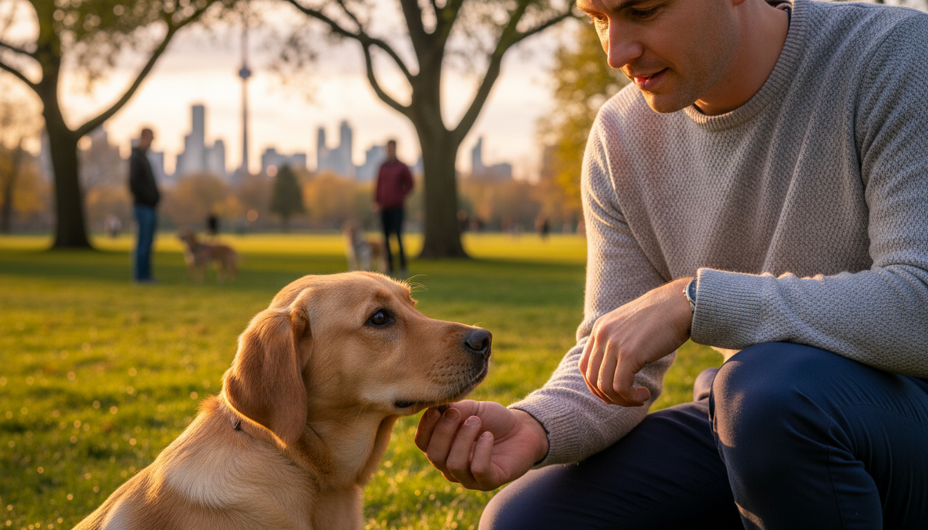Hyper-realistic 8K photograph of a professional dog trainer and a young Labrador Retriever puppy in an urban Toronto park, with soft golden hour lighting and detailed textures.