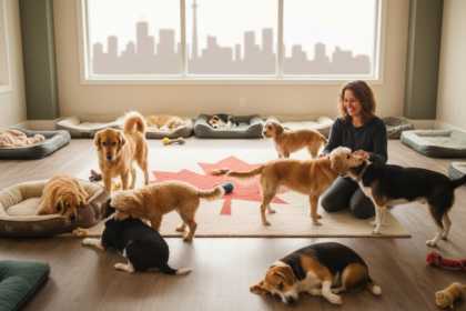A cozy dog boarding home with various dogs playing and a caregiver attending to them, set against a Toronto-themed background.