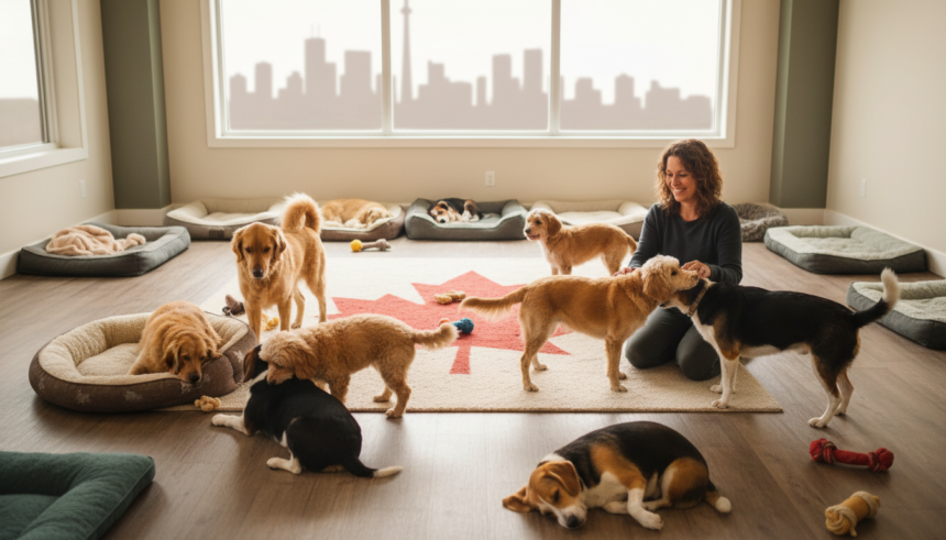 A cozy dog boarding home with various dogs playing and a caregiver attending to them, set against a Toronto-themed background.