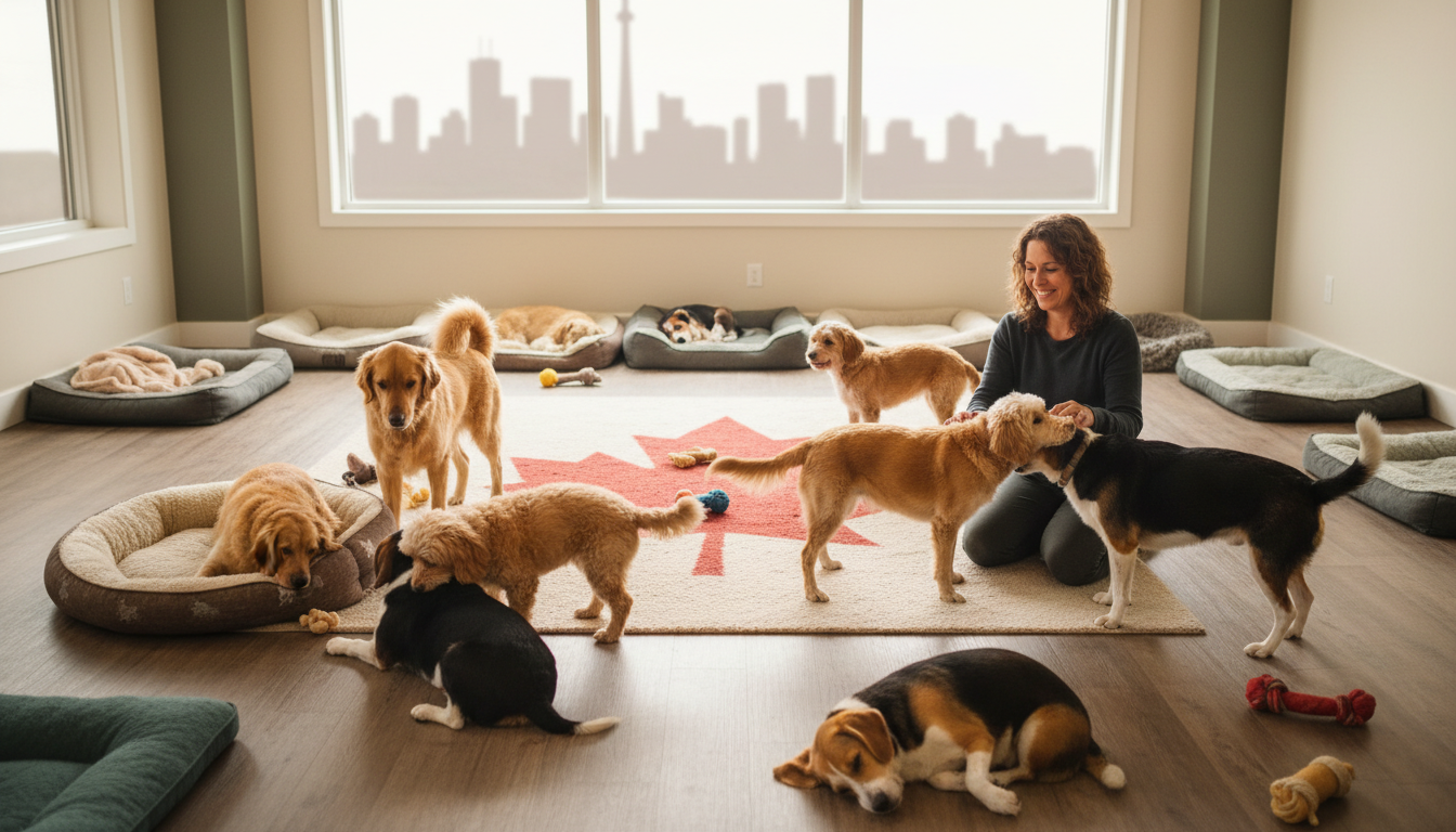 A cozy dog boarding home with various dogs playing and a caregiver attending to them, set against a Toronto-themed background.