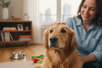 Mid-30s female pet sitter gently petting a calm adult Golden Retriever inside a warm Toronto home with soft natural lighting, conveying comfort and trust during a drop-in visit.