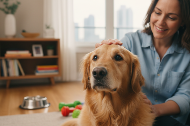 Mid-30s female pet sitter gently petting a calm adult Golden Retriever inside a warm Toronto home with soft natural lighting, conveying comfort and trust during a drop-in visit.