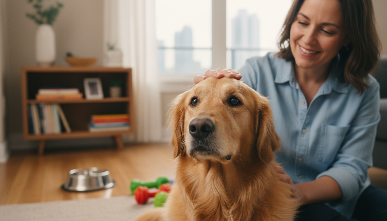 Mid-30s female pet sitter gently petting a calm adult Golden Retriever inside a warm Toronto home with soft natural lighting, conveying comfort and trust during a drop-in visit.