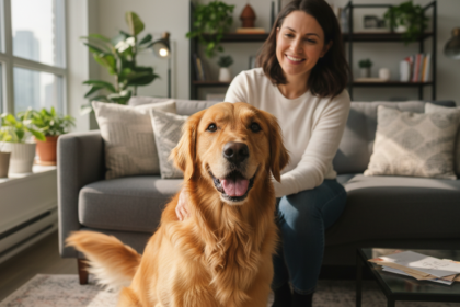 Young woman gently petting a happy Golden Retriever in a warm, sunlit Toronto apartment living room, illustrating trusted and caring house sitting services.
