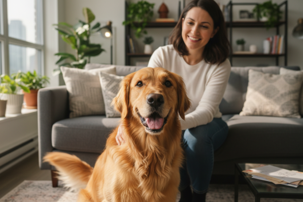 Young woman gently petting a happy Golden Retriever in a warm, sunlit Toronto apartment living room, illustrating trusted and caring house sitting services.