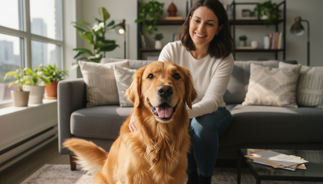 Young woman gently petting a happy Golden Retriever in a warm, sunlit Toronto apartment living room, illustrating trusted and caring house sitting services.