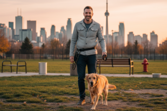 Photorealistic image of a friendly dog walker with a Labrador Retriever in a downtown Toronto park during golden hour with urban skyline in the background.