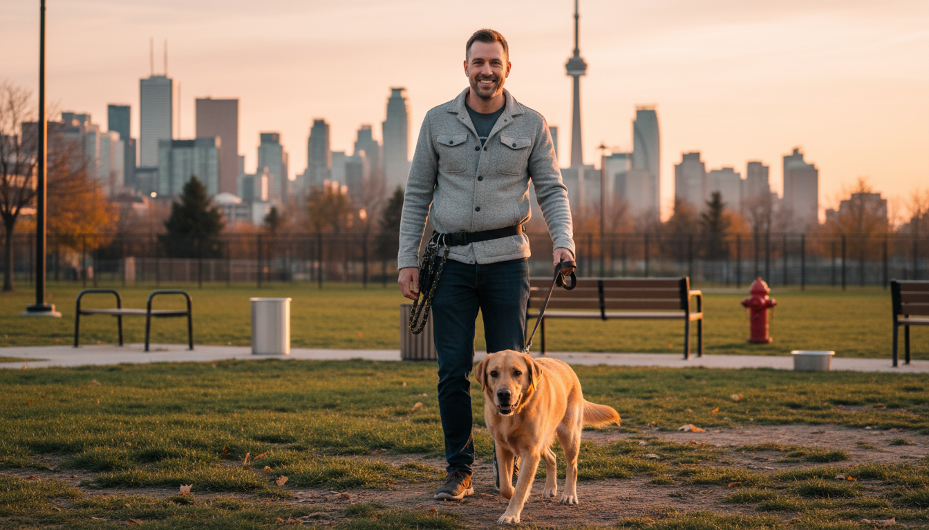 Photorealistic image of a friendly dog walker with a Labrador Retriever in a downtown Toronto park during golden hour with urban skyline in the background.