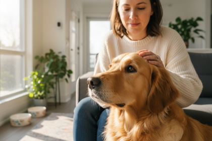 Photorealistic image of a female house sitter in a cozy Toronto living room gently petting a Golden Retriever with golden fur, emphasizing trust and personalized pet care
