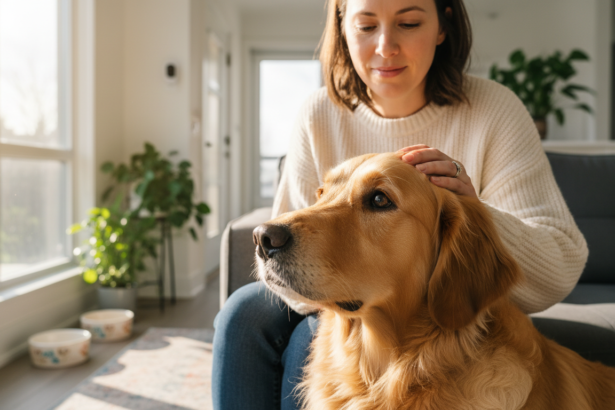 Photorealistic image of a female house sitter in a cozy Toronto living room gently petting a Golden Retriever with golden fur, emphasizing trust and personalized pet care