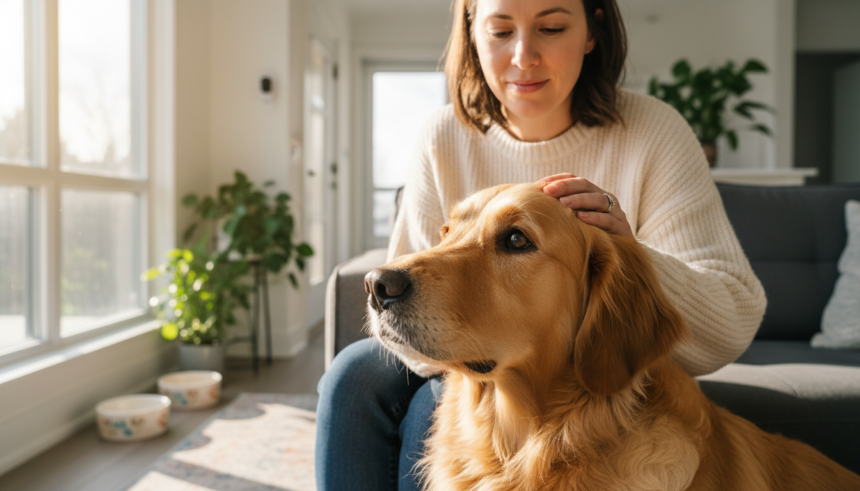 Photorealistic image of a female house sitter in a cozy Toronto living room gently petting a Golden Retriever with golden fur, emphasizing trust and personalized pet care