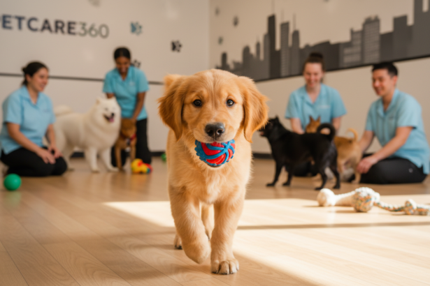 Golden Retriever puppy happily playing with a colorful ball inside a spacious, clean doggy day care center in Toronto, with attentive caretakers and other dogs in the background under warm natural lighting.