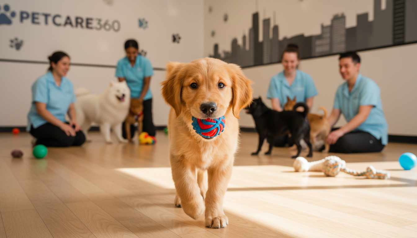 Golden Retriever puppy happily playing with a colorful ball inside a spacious, clean doggy day care center in Toronto, with attentive caretakers and other dogs in the background under warm natural lighting.