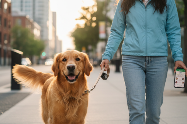 Young female dog walker smiling warmly, walking a golden retriever with GPS tracker on collar along a city sidewalk in Toronto during golden hour, showing PetCare360 app on smartphone.