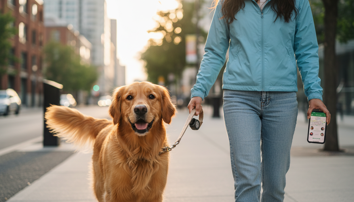 Young female dog walker smiling warmly, walking a golden retriever with GPS tracker on collar along a city sidewalk in Toronto during golden hour, showing PetCare360 app on smartphone.