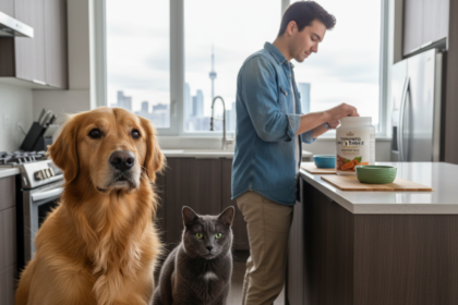 Hyper-realistic photo of a Golden Retriever and domestic shorthair cat in a modern Toronto kitchen, with a young pet owner preparing grain-free pet food, featuring detailed fur and natural lighting.
