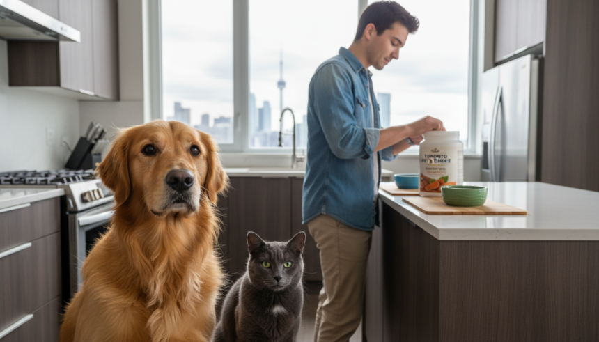 Hyper-realistic photo of a Golden Retriever and domestic shorthair cat in a modern Toronto kitchen, with a young pet owner preparing grain-free pet food, featuring detailed fur and natural lighting.