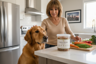 Hyper-realistic image of a healthy Golden Retriever and its owner in a modern Toronto kitchen with a freshly delivered organic dog food container, showcasing fresh ingredients and warm lighting.