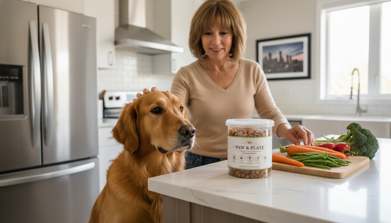 Hyper-realistic image of a healthy Golden Retriever and its owner in a modern Toronto kitchen with a freshly delivered organic dog food container, showcasing fresh ingredients and warm lighting.