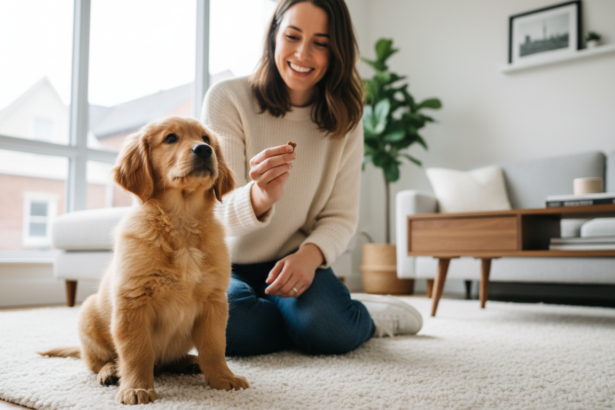 A photorealistic 8K image of an 8-week-old Golden Retriever puppy sitting attentively during a training session with its Toronto pet owner in a modern apartment with warm natural light.