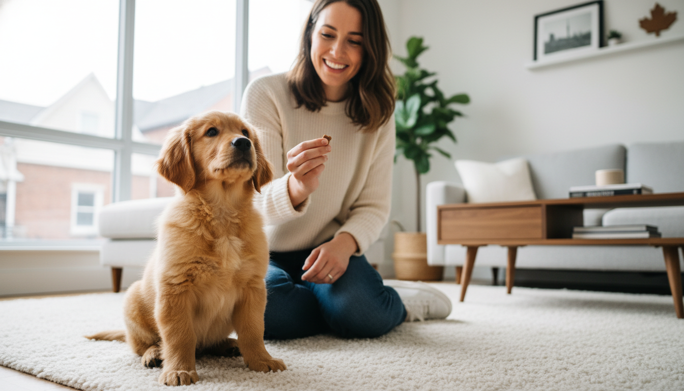 A photorealistic 8K image of an 8-week-old Golden Retriever puppy sitting attentively during a training session with its Toronto pet owner in a modern apartment with warm natural light.