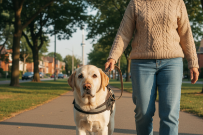 Elderly Labrador Retriever with graying muzzle walking alongside a caring middle-aged owner in a Toronto park with distant cityscape features.