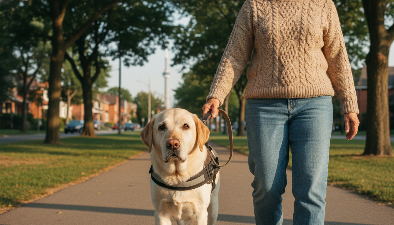 Elderly Labrador Retriever with graying muzzle walking alongside a caring middle-aged owner in a Toronto park with distant cityscape features.