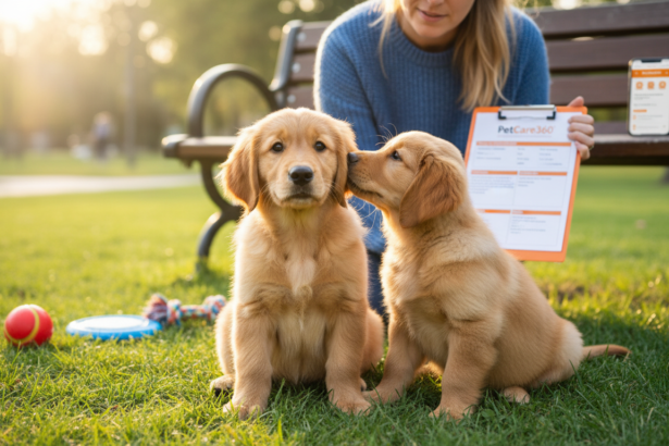 Two golden retriever puppies socializing in a bright park with a caring supervisor and clear PetCare360 branding.