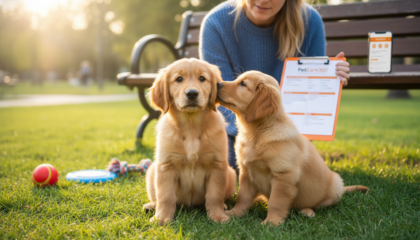 Two golden retriever puppies socializing in a bright park with a caring supervisor and clear PetCare360 branding.