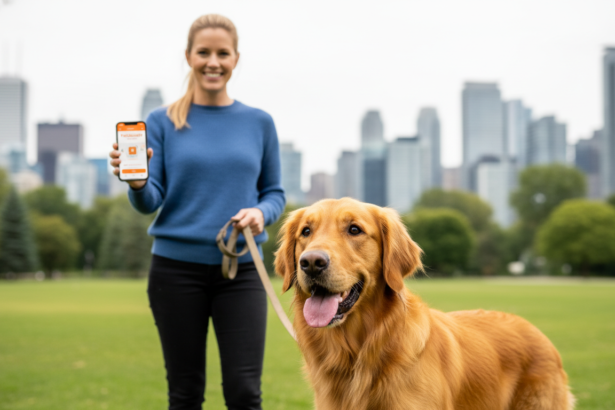 Professional dog walker with a 3-year-old golden retriever in a Toronto park, showing a clear PetCare360 app on a smartphone.