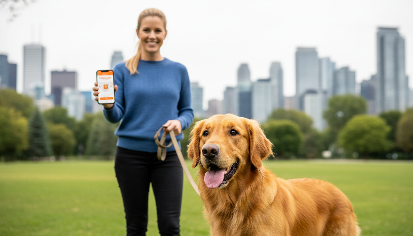 Professional dog walker with a 3-year-old golden retriever in a Toronto park, showing a clear PetCare360 app on a smartphone.