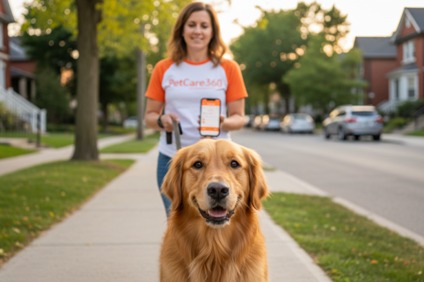 Photorealistic image of a 3-year-old golden retriever and a local dog walker in Toronto with clear PetCare360 branding on a smartphone.