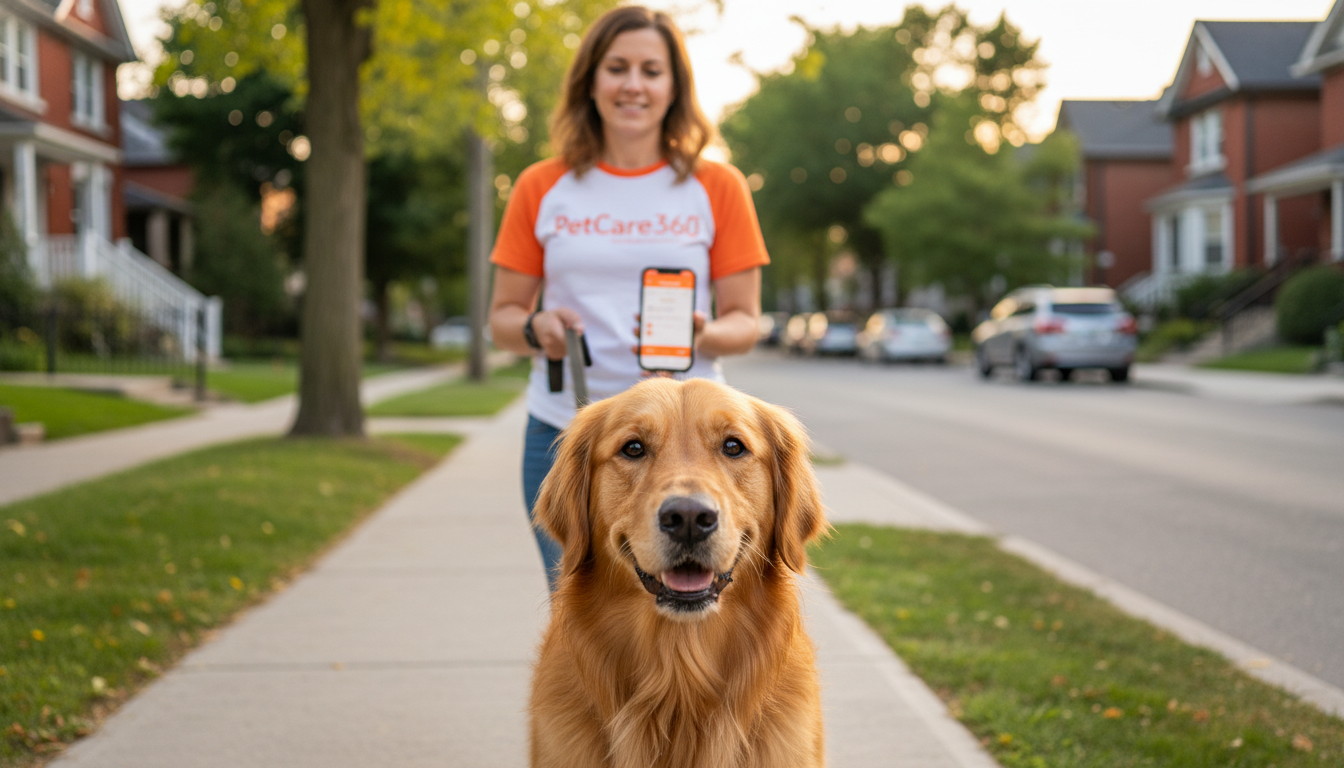 Photorealistic image of a 3-year-old golden retriever and a local dog walker in Toronto with clear PetCare360 branding on a smartphone.