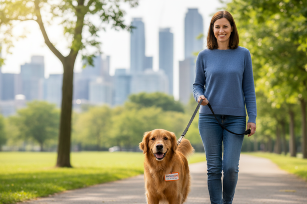 Toronto woman with golden retriever on walk, with clear PetCare360 branded tag, sharp details and vibrant park background.