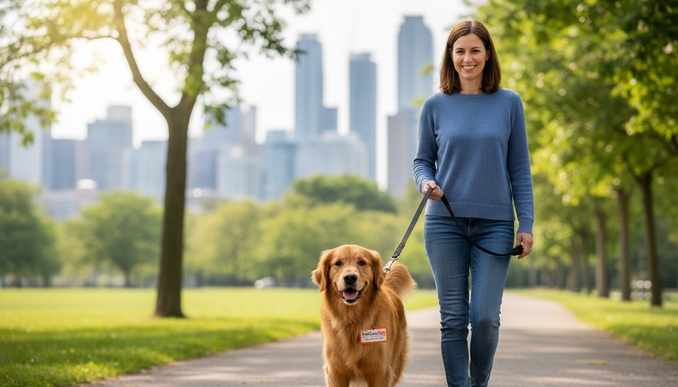 Toronto woman with golden retriever on walk, with clear PetCare360 branded tag, sharp details and vibrant park background.