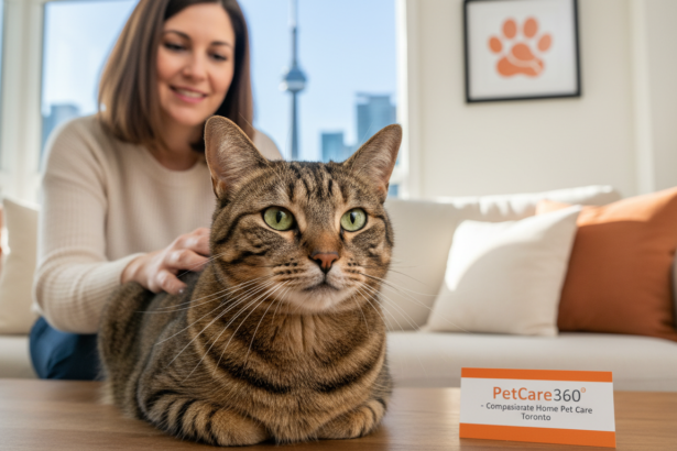 Domestic tabby cat Luna in a cozy Toronto home with a caring sitter and clear PetCare360 branding.