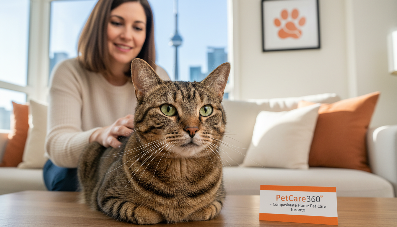 Domestic tabby cat Luna in a cozy Toronto home with a caring sitter and clear PetCare360 branding.