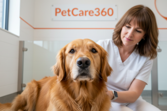3-year-old golden retriever at a clean Toronto boarding facility with a caring woman and clear PetCare360 branding.