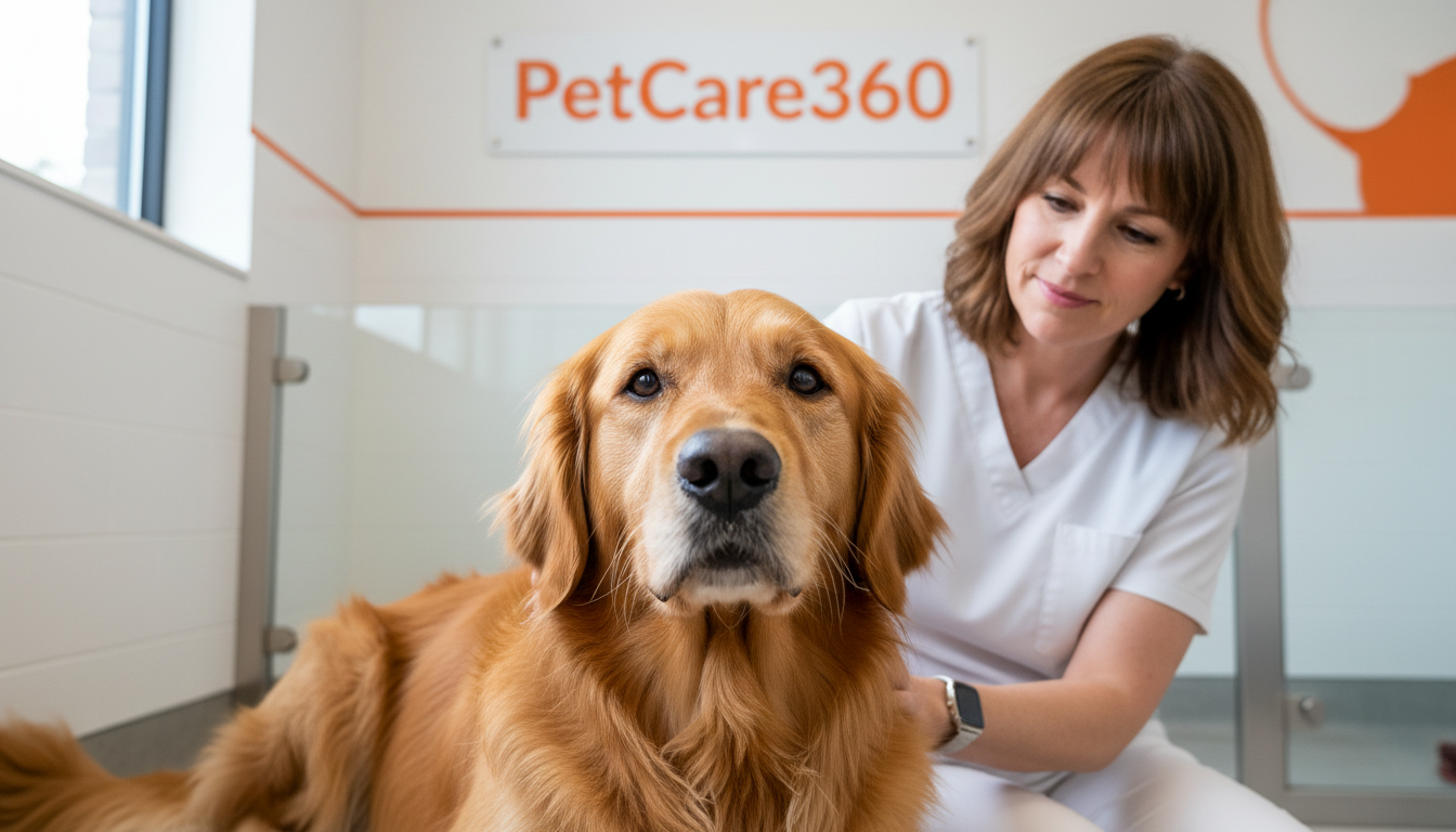 3-year-old golden retriever at a clean Toronto boarding facility with a caring woman and clear PetCare360 branding.