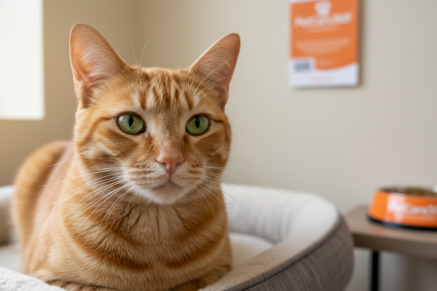 Close-up of a 3-year-old orange tabby cat in a modern boarding facility with clear PetCare360 brochure.