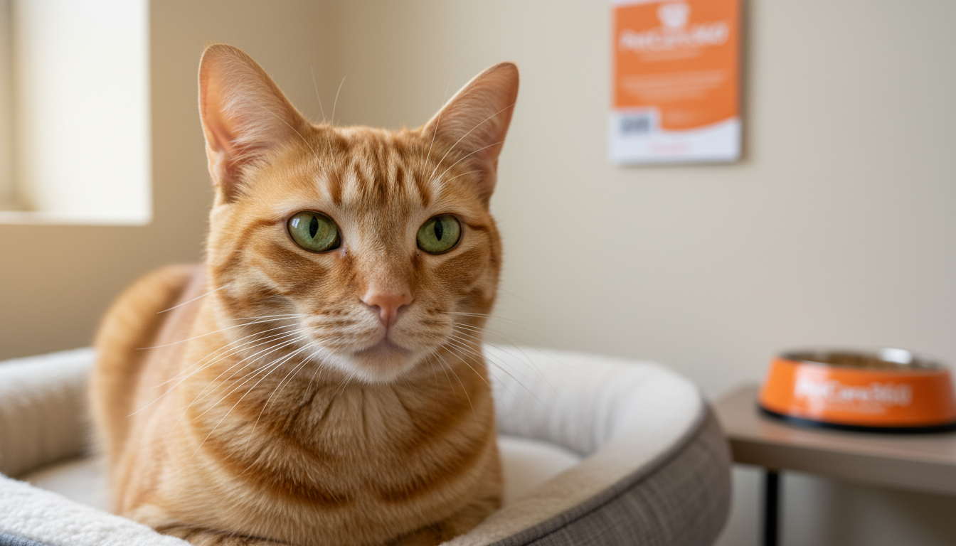 Close-up of a 3-year-old orange tabby cat in a modern boarding facility with clear PetCare360 brochure.