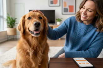 Golden retriever being lovingly petted by a caregiver in a modern Toronto home with PetCare360 app visible.