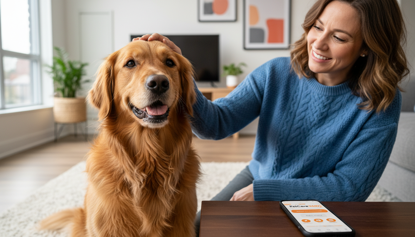Golden retriever being lovingly petted by a caregiver in a modern Toronto home with PetCare360 app visible.