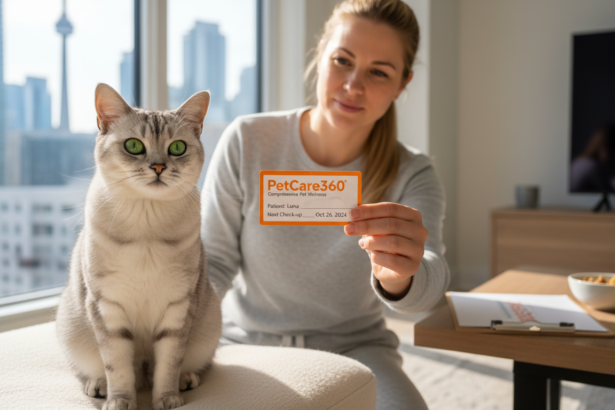 3-year-old domestic shorthair cat with green eyes and caring sitter during daily check-in in a Toronto home with PetCare360 branding visible.